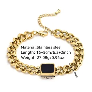 Gold stainless steel Cuban chain bracelet with black square pendant and adjustable clasp
