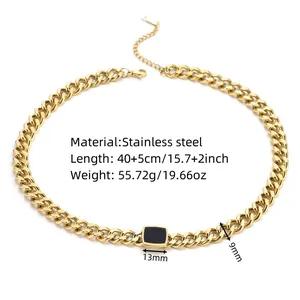 Gold-plated stainless steel Cuban link necklace with square black shell pendant for women