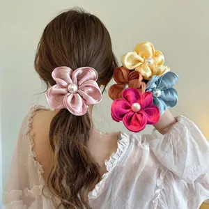 Elegant Flower Hair Scrunchies Satin Fabric Faux Artificial Pearl Elastic Hair Ties Sweet Hair Clips Women Girls Accessories