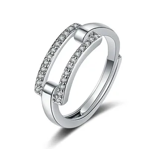 Luxury Copper Zirconia Double Layer Open Ring Adjustable Minimalist Korean Style Finger Jewelry White Gold Color For Women