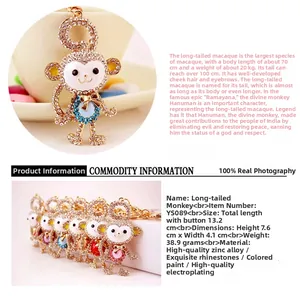 Detail of crystal rhinestone long-tailed monkey keychain with size and weight dimensions
