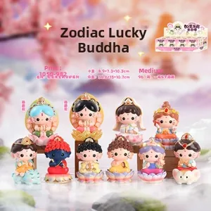 Detailed view of 8 cute cat buddha figurines arranged on a wooden display stand