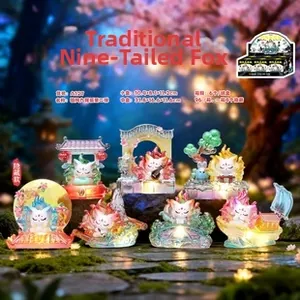 Macro detail of 九尾狐 series art toys featuring luminous crystals and ancient motifs