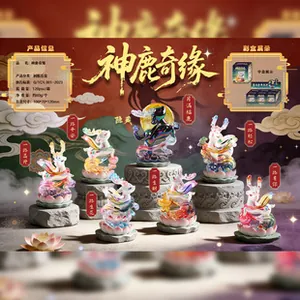 Close-up of colorful translucent resin deer figurines with mythical oriental motifs