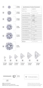 Size chart for S925 sterling silver screw stud earrings with 3mm to 8mm zircon stones