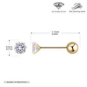 Detailed size specifications for gold plated 925 silver stud earrings with 5A grade zircon