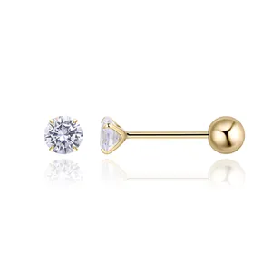 Detailed view of gold plated S925 silver stud earrings with six-prong set zircon stones