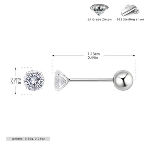 Detailed view of S925 sterling silver screw earrings with 5A grade cubic zirconia