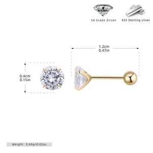 Detail of 925 sterling silver screw back earrings with 4-prong 5A cubic zirconia stones