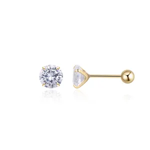 Detail of S925 sterling silver screw back stud earrings with four-prong set cubic zirconia