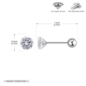 Macro detail of S925 sterling silver screw back stud earring with 4mm zircon setting