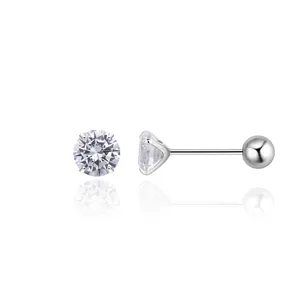 Macro detail of S925 sterling silver screw stud earrings with 4-prong zircon setting