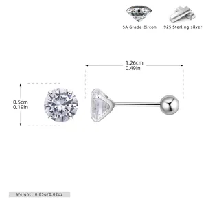Macro detail of S925 sterling silver screw back stud earring with 5A cubic zirconia stone