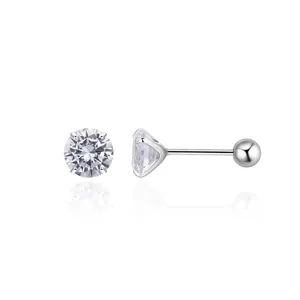 Classic S925 sterling silver four-claw stud earrings with round brilliant-cut cubic zirconia