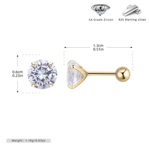 Detailed dimensions of S925 sterling silver screw back earrings with 5A zircon studs