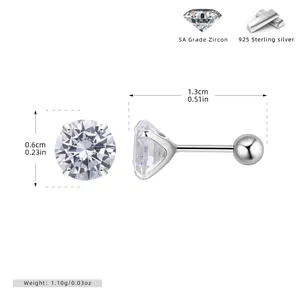 Detailed view of 925 sterling silver stud earring with 4-prong 5A zircon setting