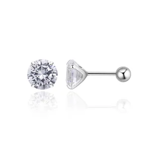 Detail of S925 sterling silver screw back stud earring with four-claw set cubic zirconia