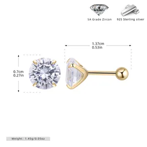 Detail of S925 silver stud earring with 4-prong zircon and screw back closure