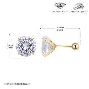 Detail of S925 sterling silver screw back stud earring with 4-prong set 5A cubic zirconia