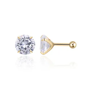 Detailed view of 14K gold S925 sterling silver screw back earrings with 4-prong zircon