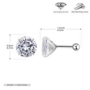 Detail view of 925 sterling silver screw earrings with 4-prong set 5A white zircon stones