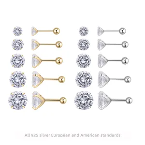925 Sterling Silver Stud Earrings For Women Classic Round Cut Zircon Four Prong Set Minimalist Screw Back Ear Piercing