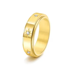 Bague Spinner en Acier Inoxydable pour Femme Strass Motif Étoile Rotative Anti-stress Bague Bijoux Cadeau