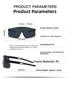 Detailed technical specifications for cycling sunglasses with UV protection and PC lens