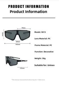 Detailed size chart for sports cycling sunglasses with frame measurements and PC material specs