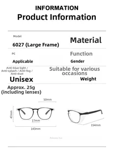 Detailed size chart and dimensions of the black PC protective anti-fog safety eyewear