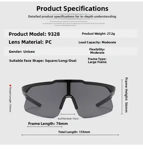 Detailed size specifications and weight for model 9328 black cycling sunglasses