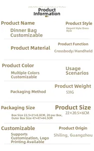 Specifications of acrylic evening clutch with pearl handle showing 22x20.5x6CM dimensions