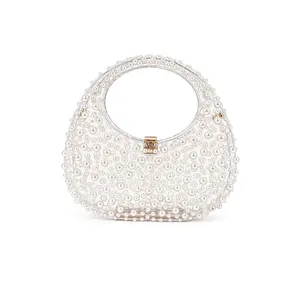 Faux Artificial Pearl Transparent Acrylic Evening Handbag Half Moon Clutch With Metal Chain Strap For Women Party