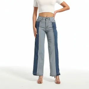 High-waisted two-tone patchwork jeans for women with frayed edges and straight leg cut