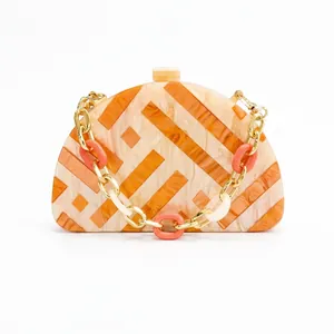 Semi-Circular Acrylic Evening Bag Marble Texture Color Block Patchwork With Metal Chain For Women Wedding Party Clutch