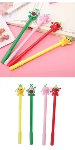 Set of four cute cartoon fruit gel pens featuring avocado, peach, strawberry and pineapple.
