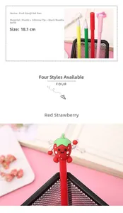 Detail shot of red strawberry gel pen with silicone cartoon decoration and black ink.