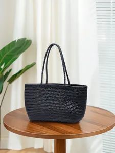 French vintage black woven leather tote bag with chevron pattern and long top handles