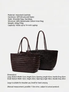 Handwoven vintage leather tote bag in dark coffee brown with removable inner pouch