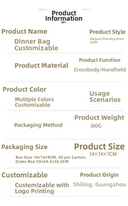 Specifications of heart acrylic evening clutch showing 14x14x7cm size and 360g weight
