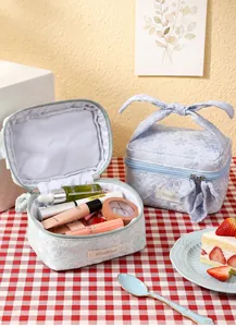 Detail of light blue floral embroidered makeup bag set with bow handle and cosmetics