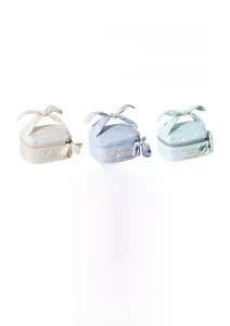 Macro detail of cloud textured makeup bags with floral embroidery and bow handles