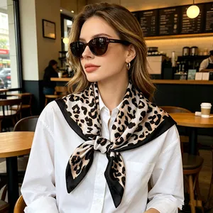 Leopard Print Square Scarf Elegant Artificial Satin Headband Neck Kerchief Women Animal Pattern Fashion Accessory