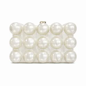 Elegant rectangular acrylic evening clutch with white pearl spheres and gold metal clasp