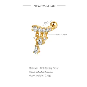 Detail of 925 sterling silver tassel earring with AAAAA zirconia and screw back