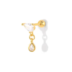 Detail of gold teardrop zircon stud earring with a secure screw-back ball closure