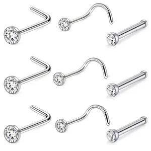 Stainless Steel Nose Studs With Round Clear Zircon Piercing Jewelry L-Shape Bone Screw Bar Elegant Accessory For Women
