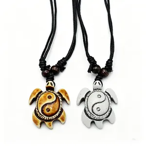 Vintage Sea Turtle Pendant Necklace Imitation Bone Resin Yin Yang Carving Ethnic Tribal Adjustable Rope Cord With Wood Beads Unisex
