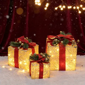 Glowing Christmas Gift Boxes Iron Mesh With LED Warm Light Ribbon Bow Pine Needle Berries Ornaments For Holiday Home Decor