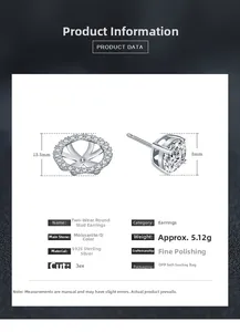 Détails des boucles d'oreilles Moissanite en argent 925 avec dimensions et spécifications